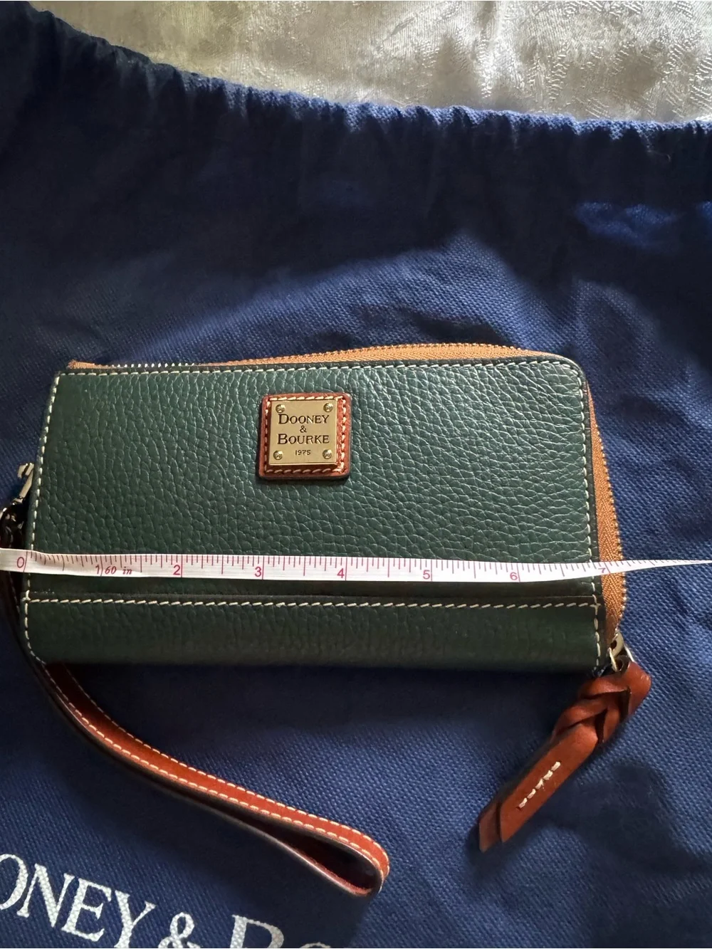 Dooney & Bourke Forest Green Pebbled Leather Wristlet with Tan Trim